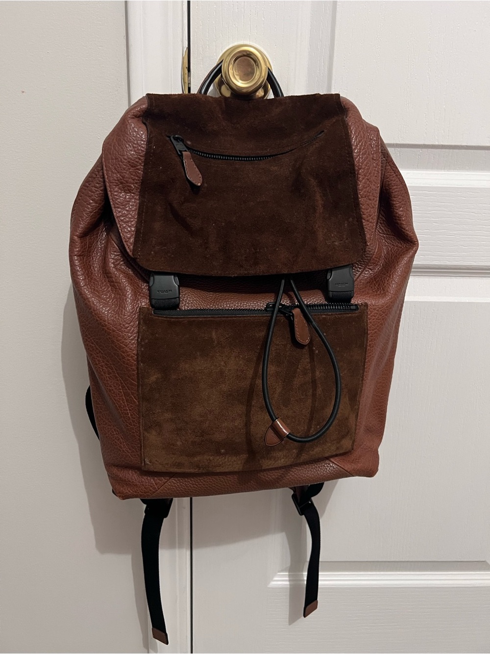 Coach Men's Brown Leather & Suede Drawstring Backpack
